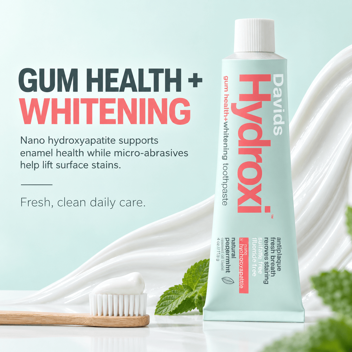 Davids Hydroxi toothpaste gum health and whitening benefit infographic