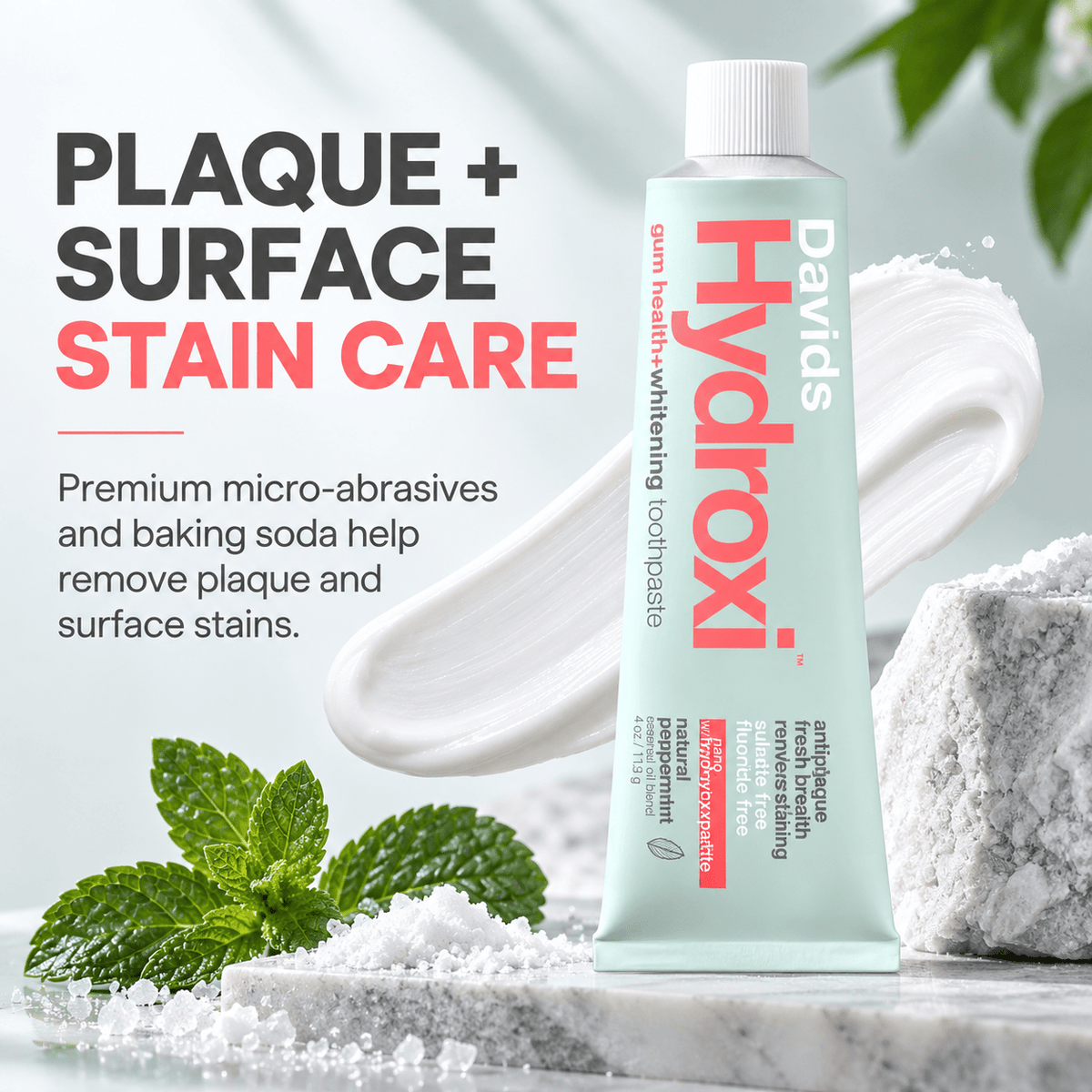 Davids Hydroxi plaque and surface stain care infographic