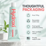 Davids Hydroxi recyclable metal tube 4 oz made in USA packaging infographic
