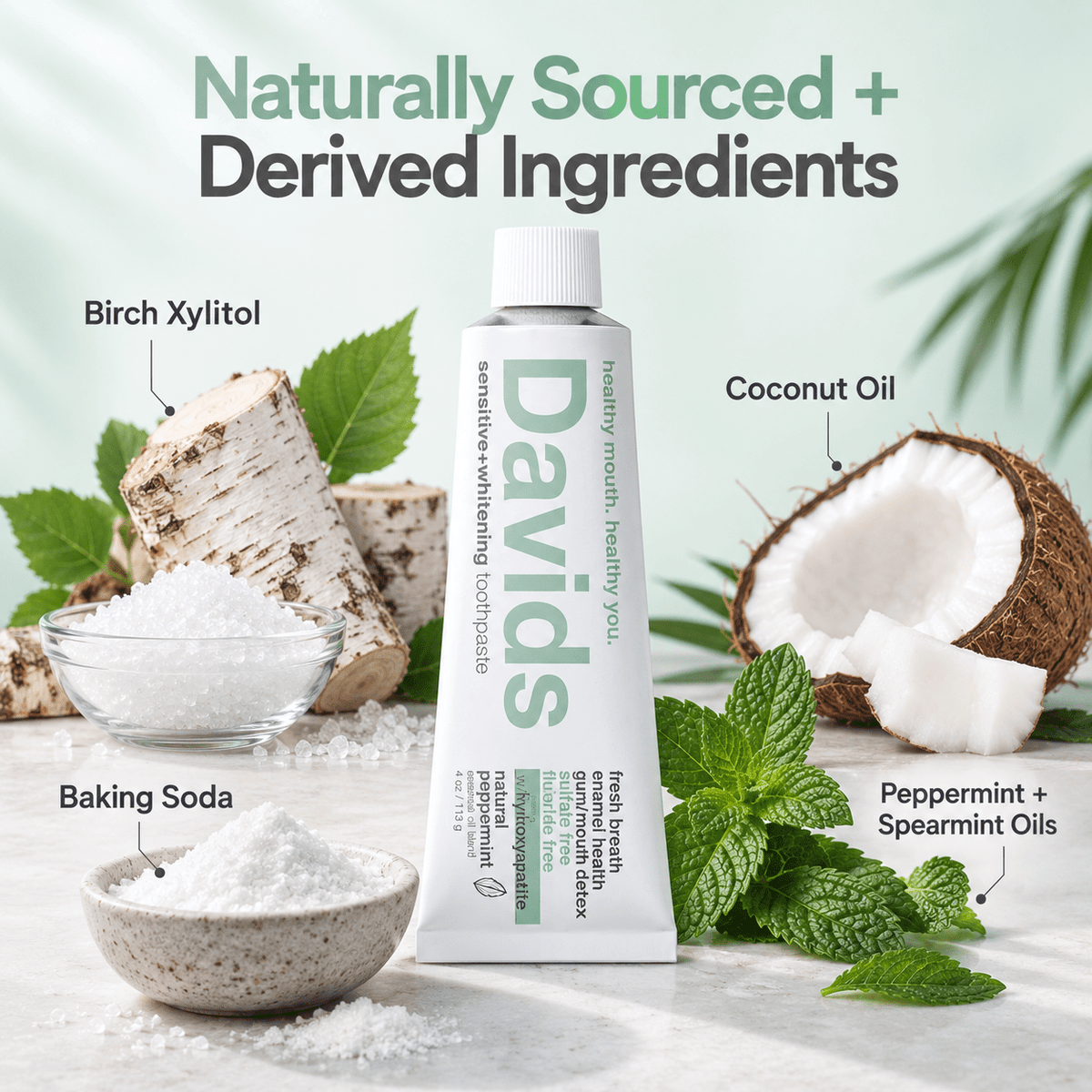 Davids Hydroxi toothpaste key ingredients infographic