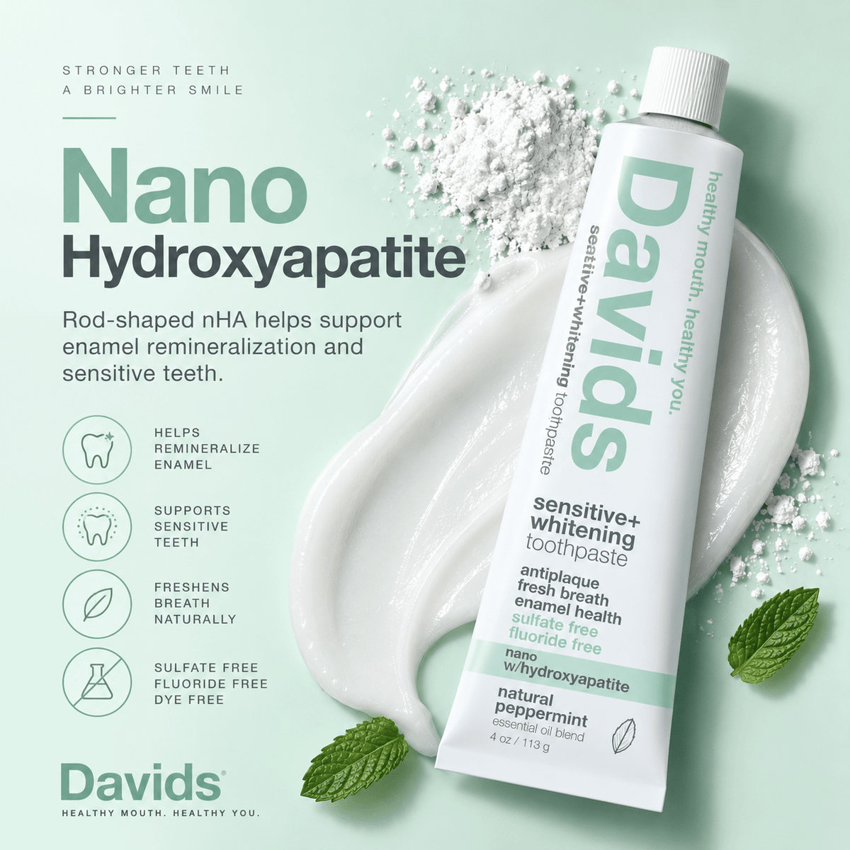 Davids Hydroxi nano hydroxyapatite toothpaste infographic