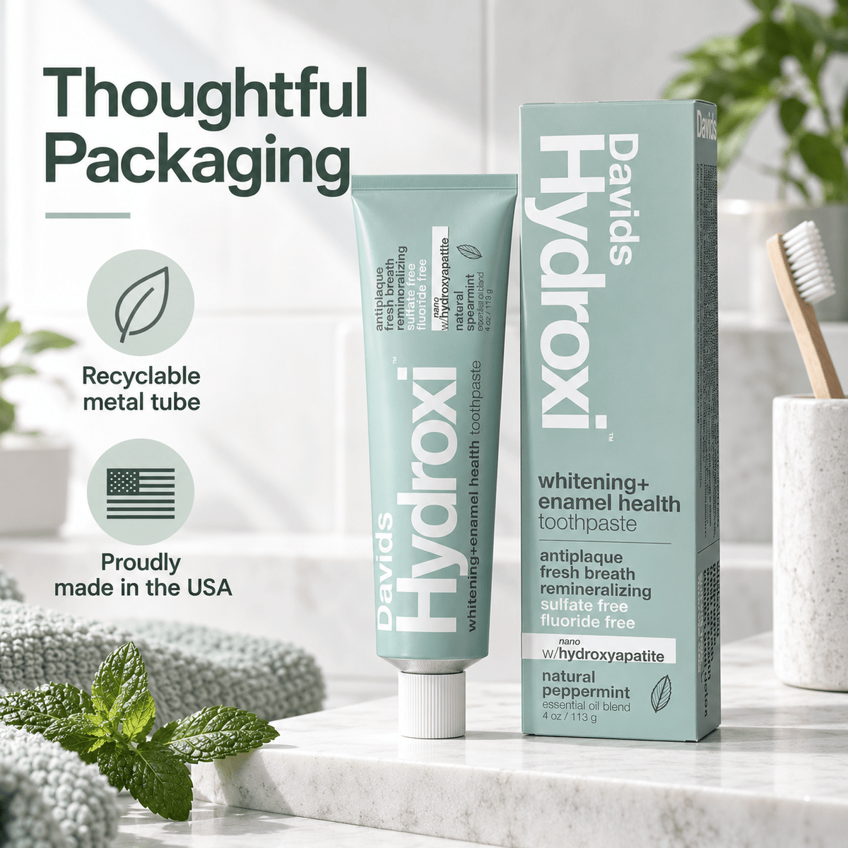 Davids Hydroxi recyclable metal tube made in USA infographic