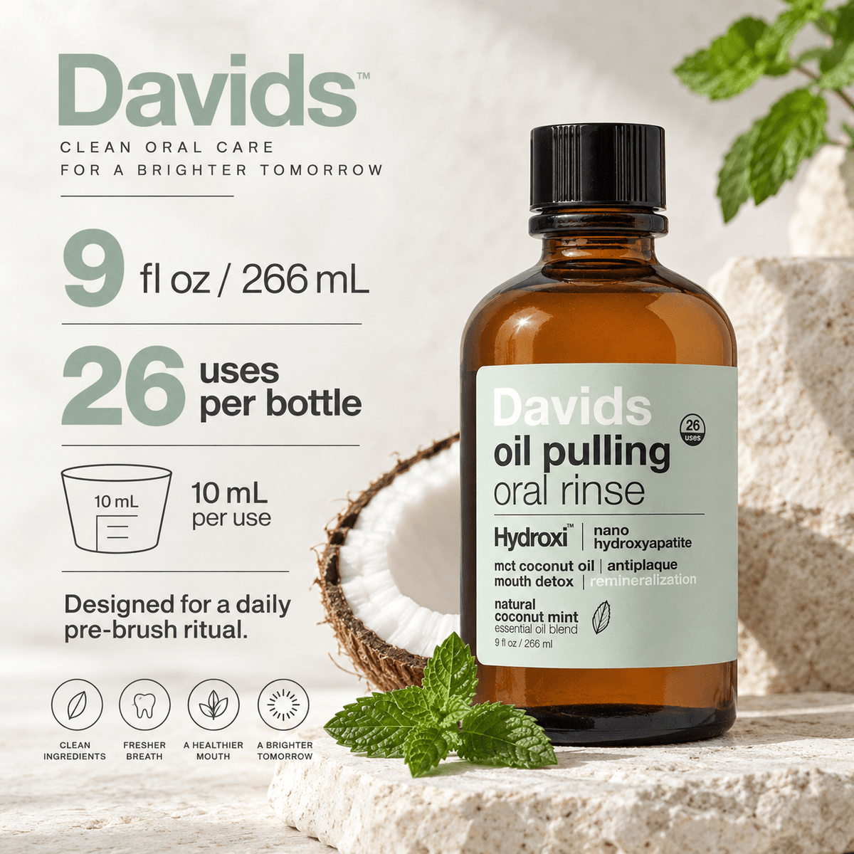Davids oil pulling oral rinse 9 oz 26 uses infographic