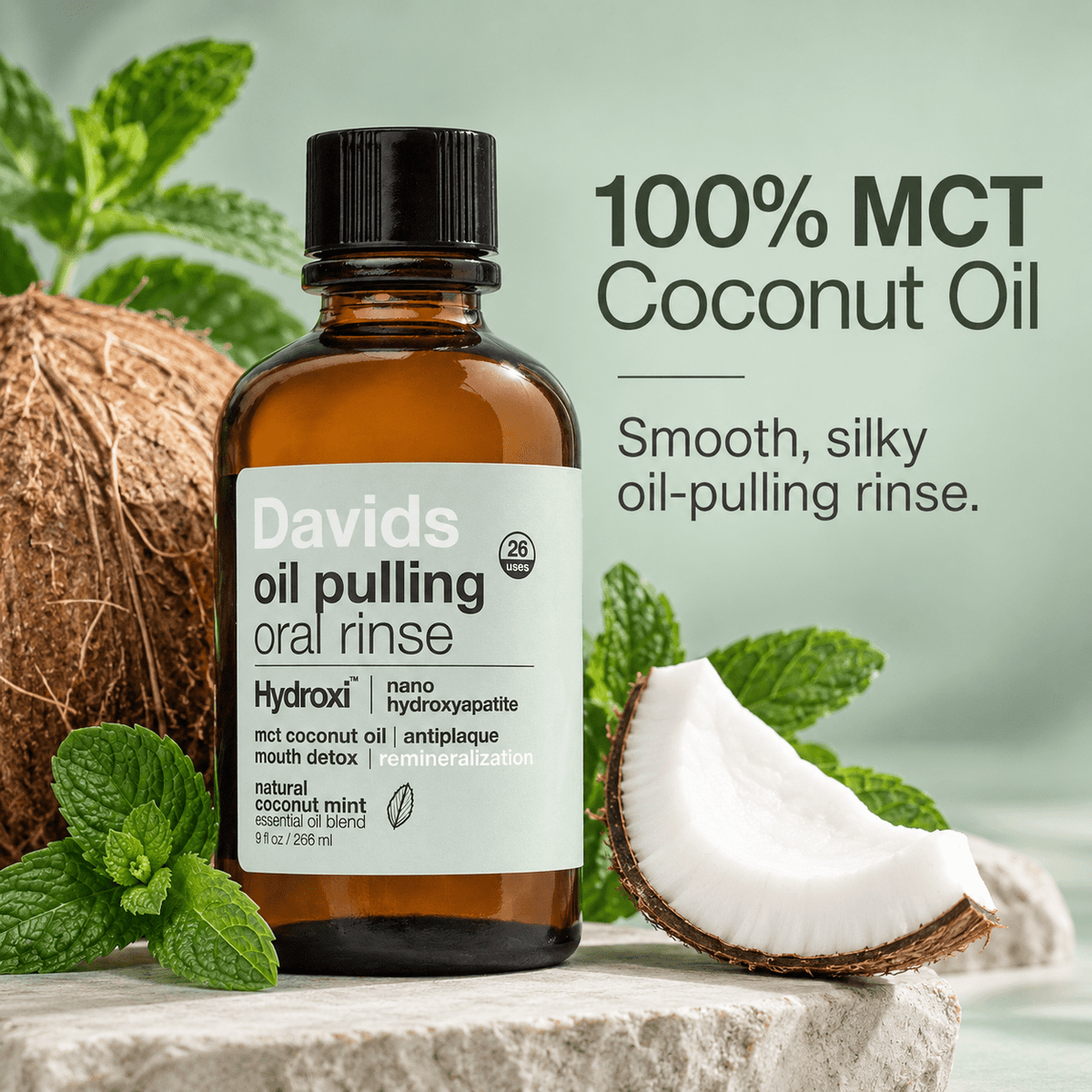 Davids oil pulling oral rinse 100 percent MCT coconut oil infographic