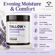 Derma Cow Magnesium Lavender Tallow Cream evening moisture benefits infographic