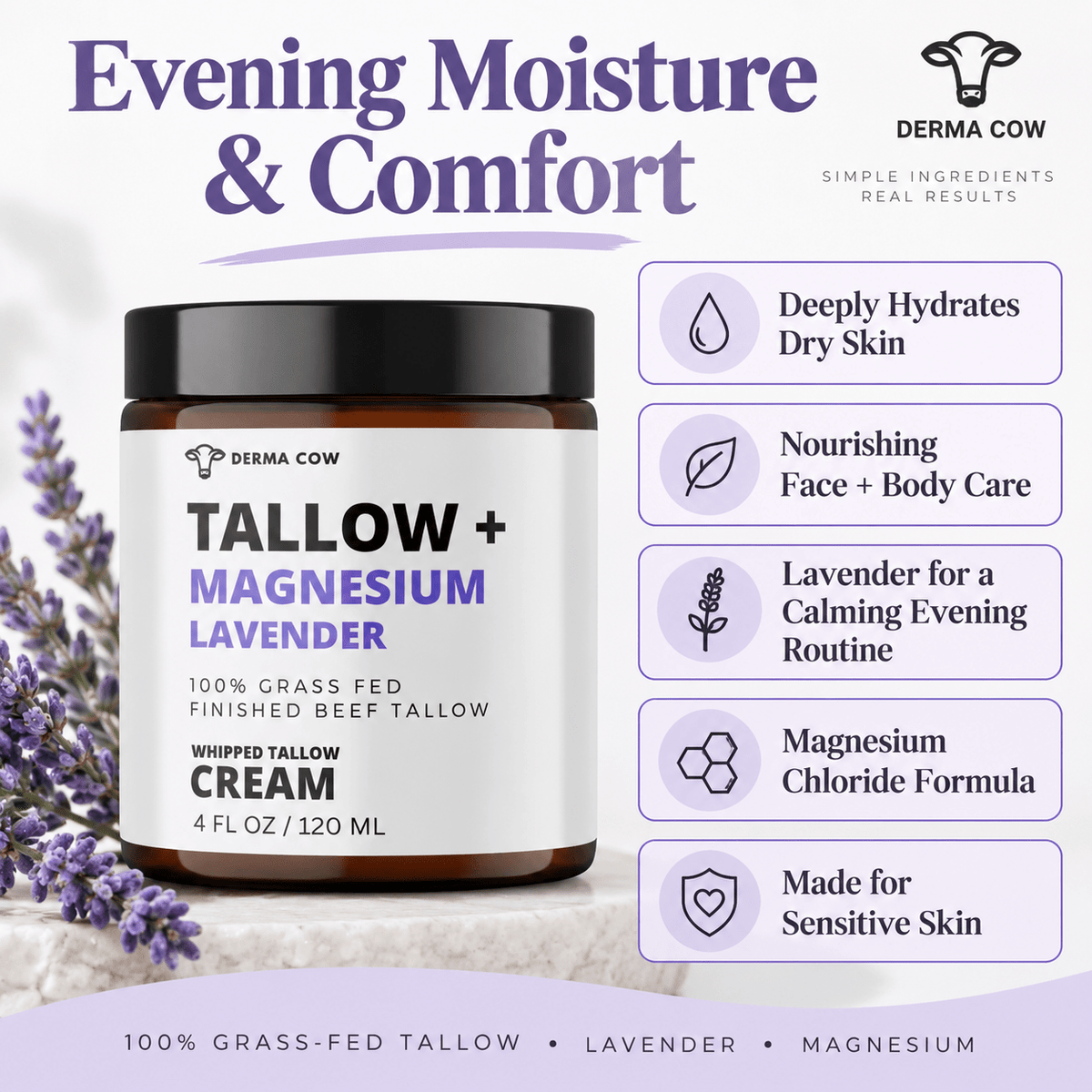 Derma Cow Magnesium Lavender Tallow Cream evening moisture benefits infographic