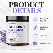 Derma Cow Magnesium Lavender Tallow Cream product details infographic
