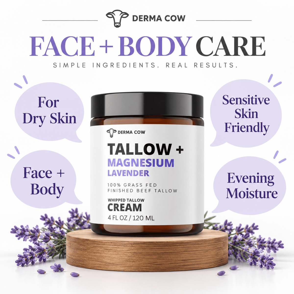 Derma Cow Magnesium Lavender Tallow Cream face and body infographic
