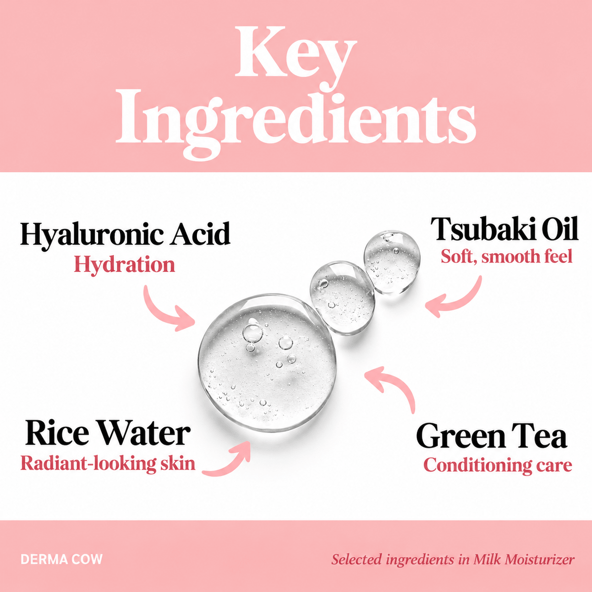 Derma Cow Milk Moisturizer highlighted ingredients: hyaluronic acid, tsubaki oil, rice water and green tea