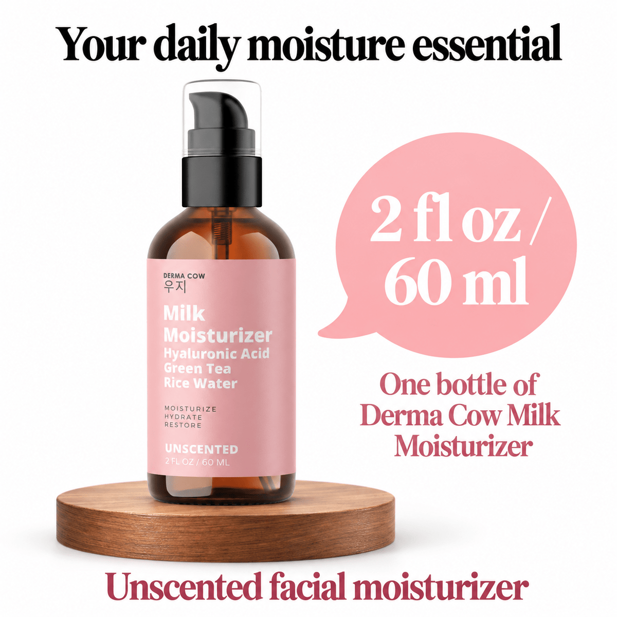 Derma Cow Milk Moisturizer one bottle 2 fl oz / 60 ml contents infographic