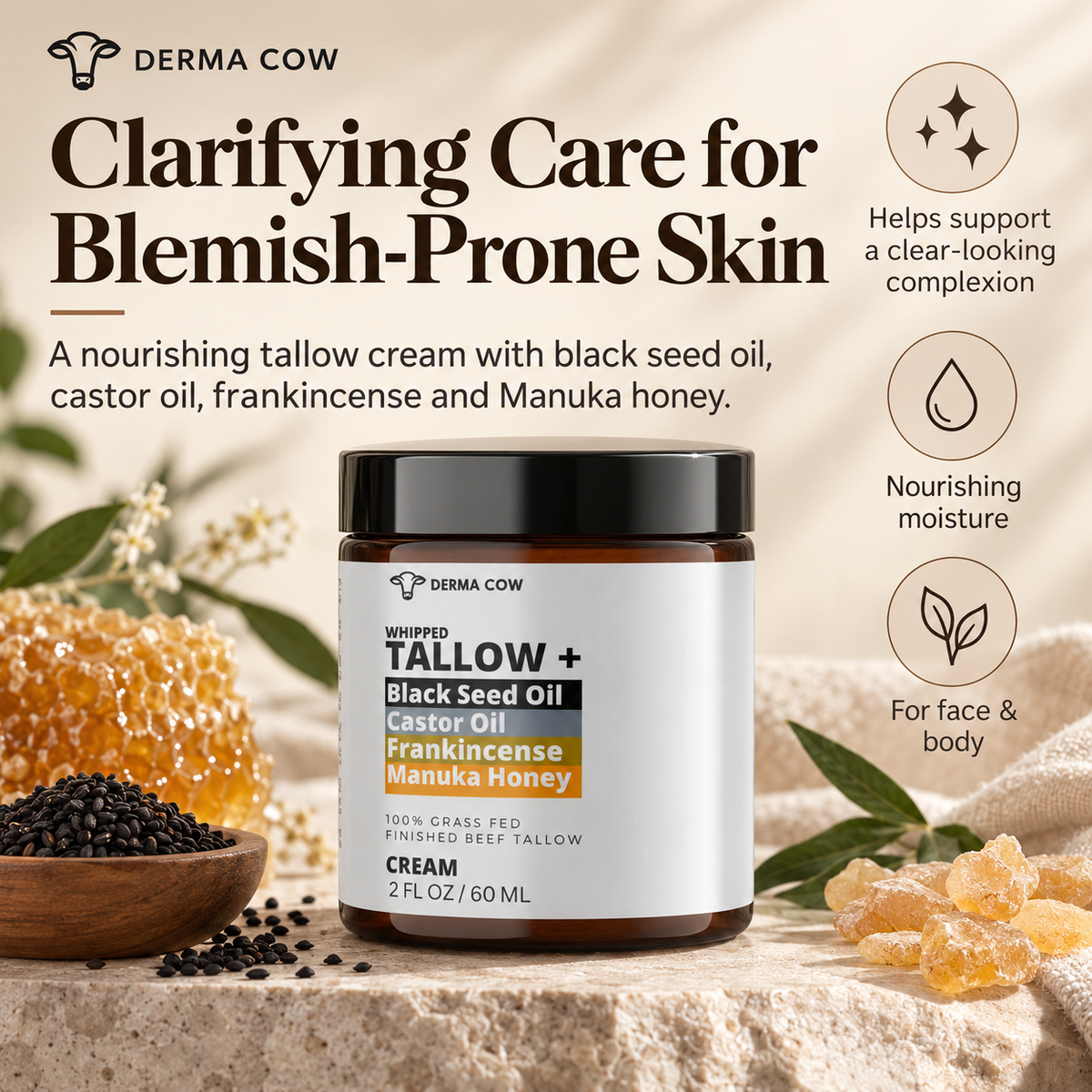 Derma Cow tallow cream clarifying care infographic
