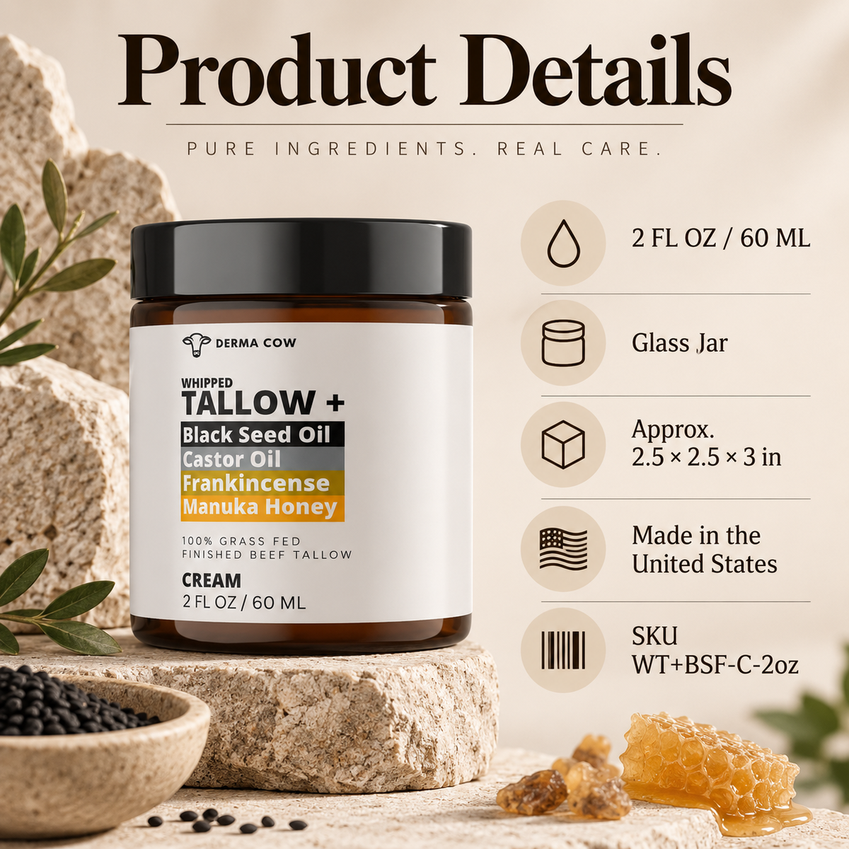 Derma Cow tallow cream product details infographic