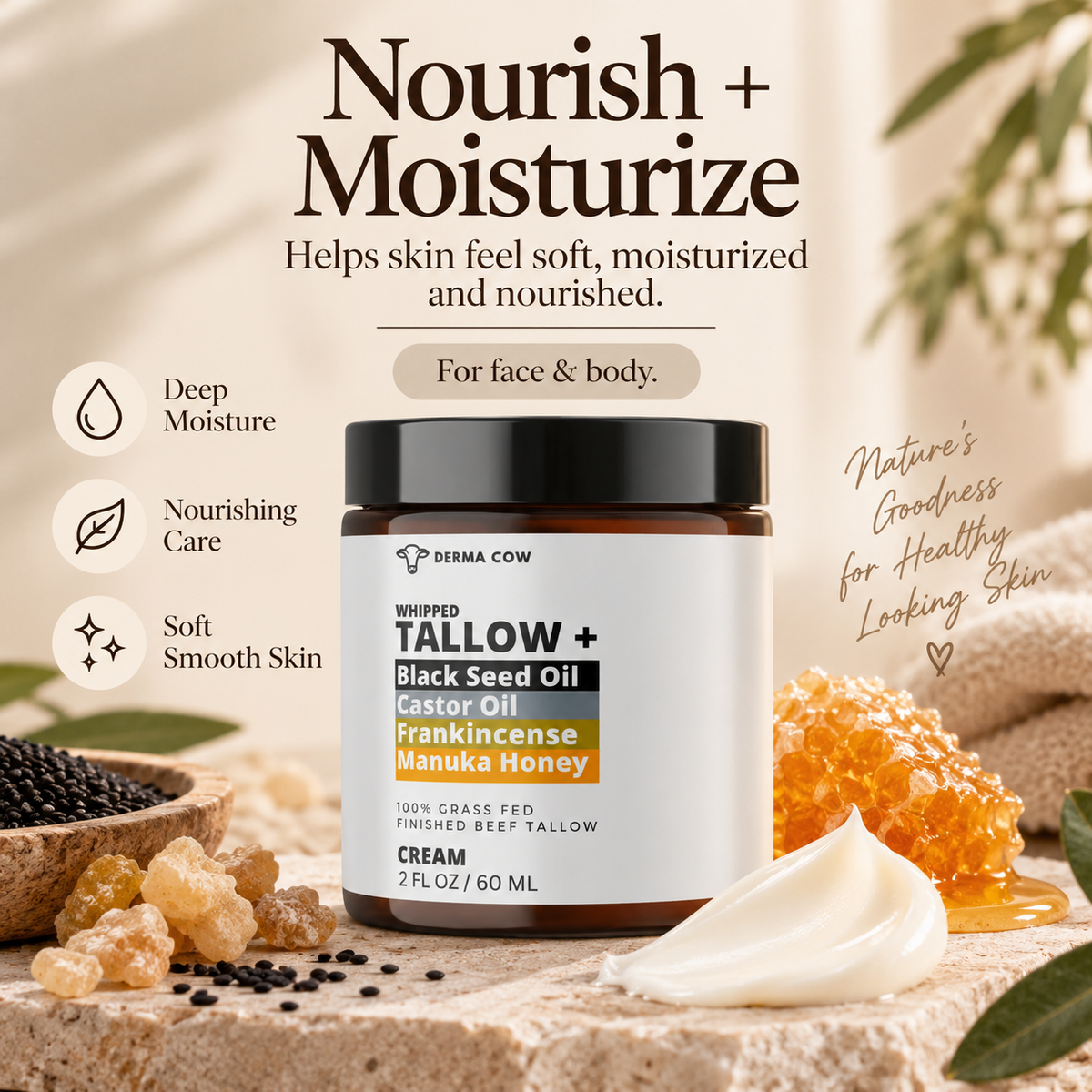 Derma Cow tallow cream nourishing moisturizer infographic