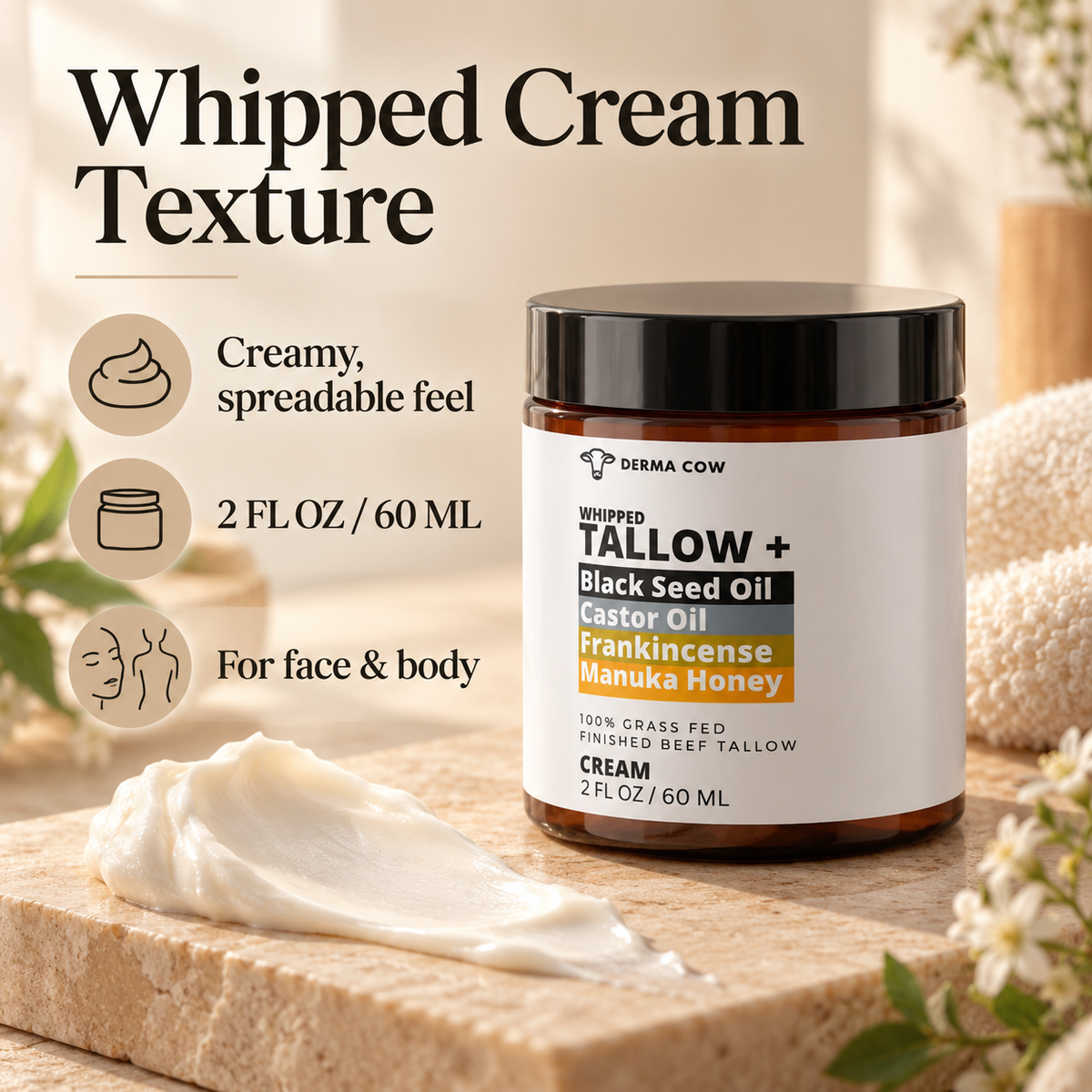 Derma Cow tallow cream whipped texture infographic