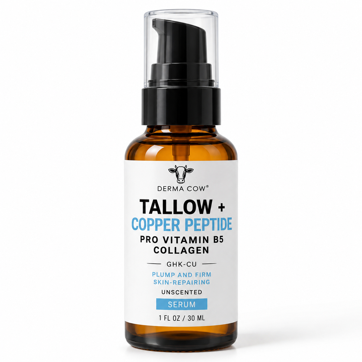 Derma Cow Tallow Copper Peptide Pro Vitamin B5 Collagen Serum 1 fl oz on white background