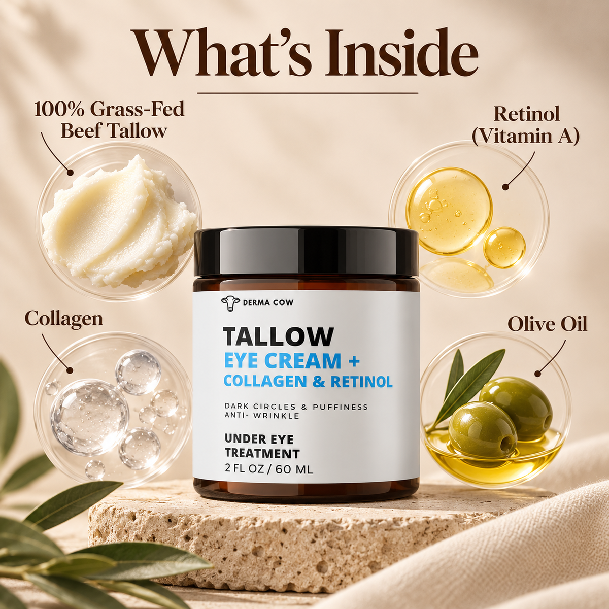 Derma Cow tallow eye cream ingredients infographic
