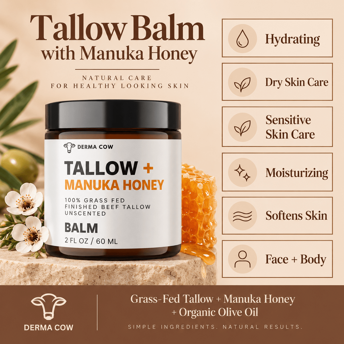 Derma Cow tallow balm with Manuka honey benefits