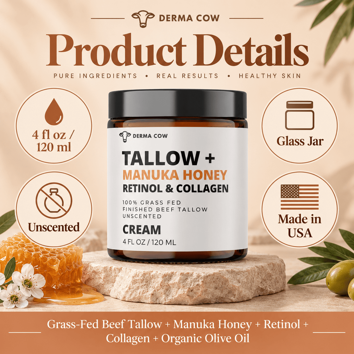 Derma Cow tallow Manuka Honey Retinol Collagen product details