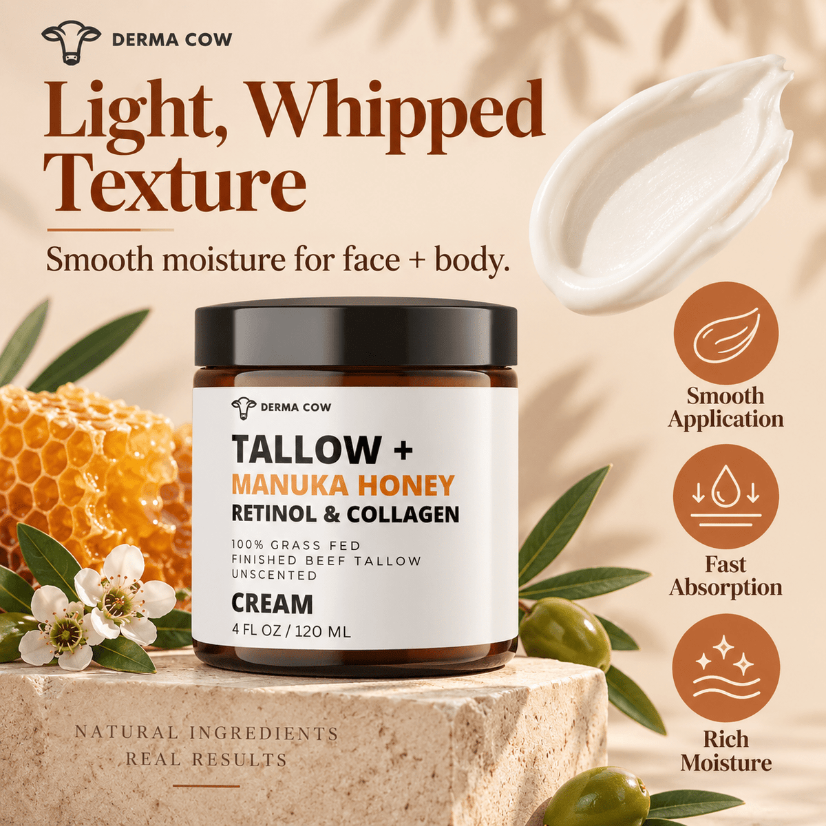 Derma Cow tallow cream light whipped texture and moisture