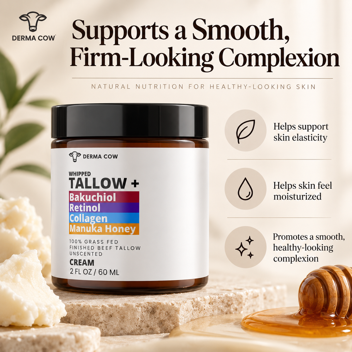 Derma Cow tallow moisturizer skin elasticity infographic
