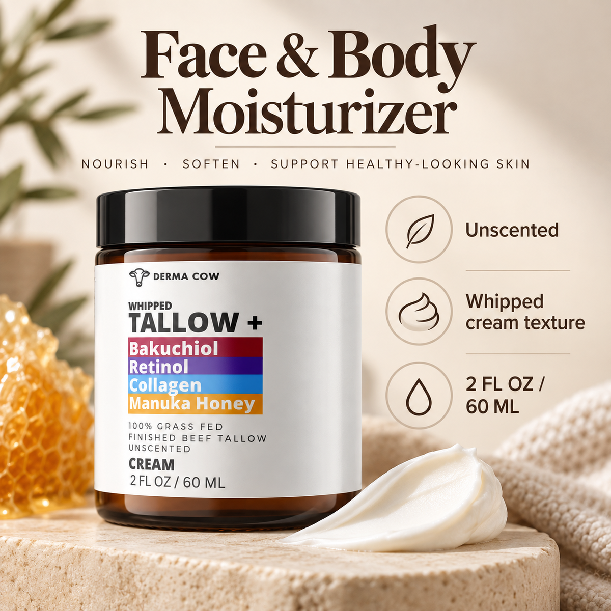 Derma Cow tallow moisturizer face and body infographic