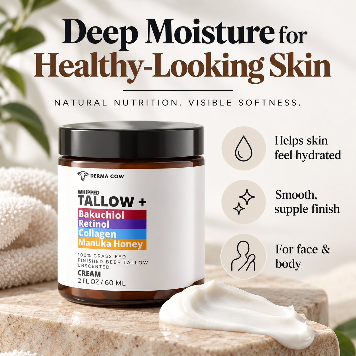 Derma Cow tallow moisturizer hydration infographic