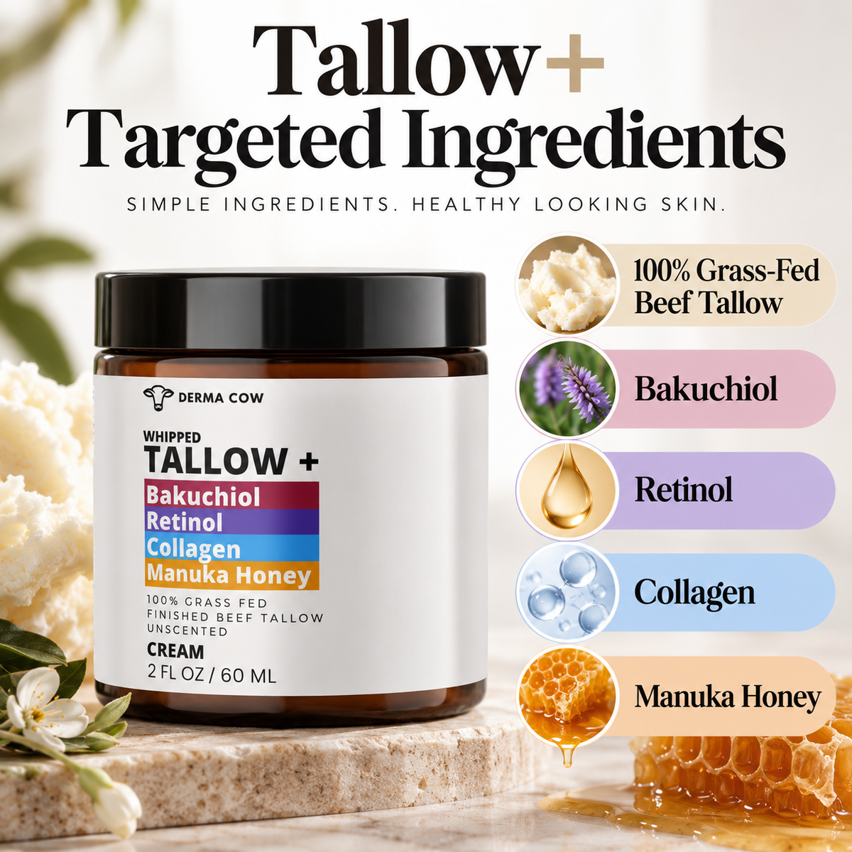 Derma Cow tallow moisturizer ingredients infographic