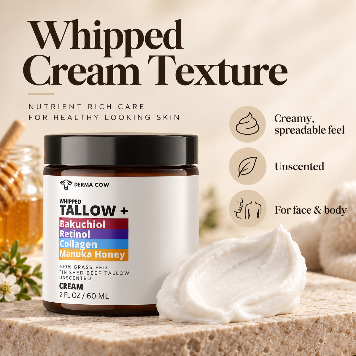 Derma Cow whipped tallow cream texture infographic