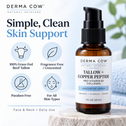 Derma Cow tallow serum grass-fed fragrance-free paraben-free skincare features infographic