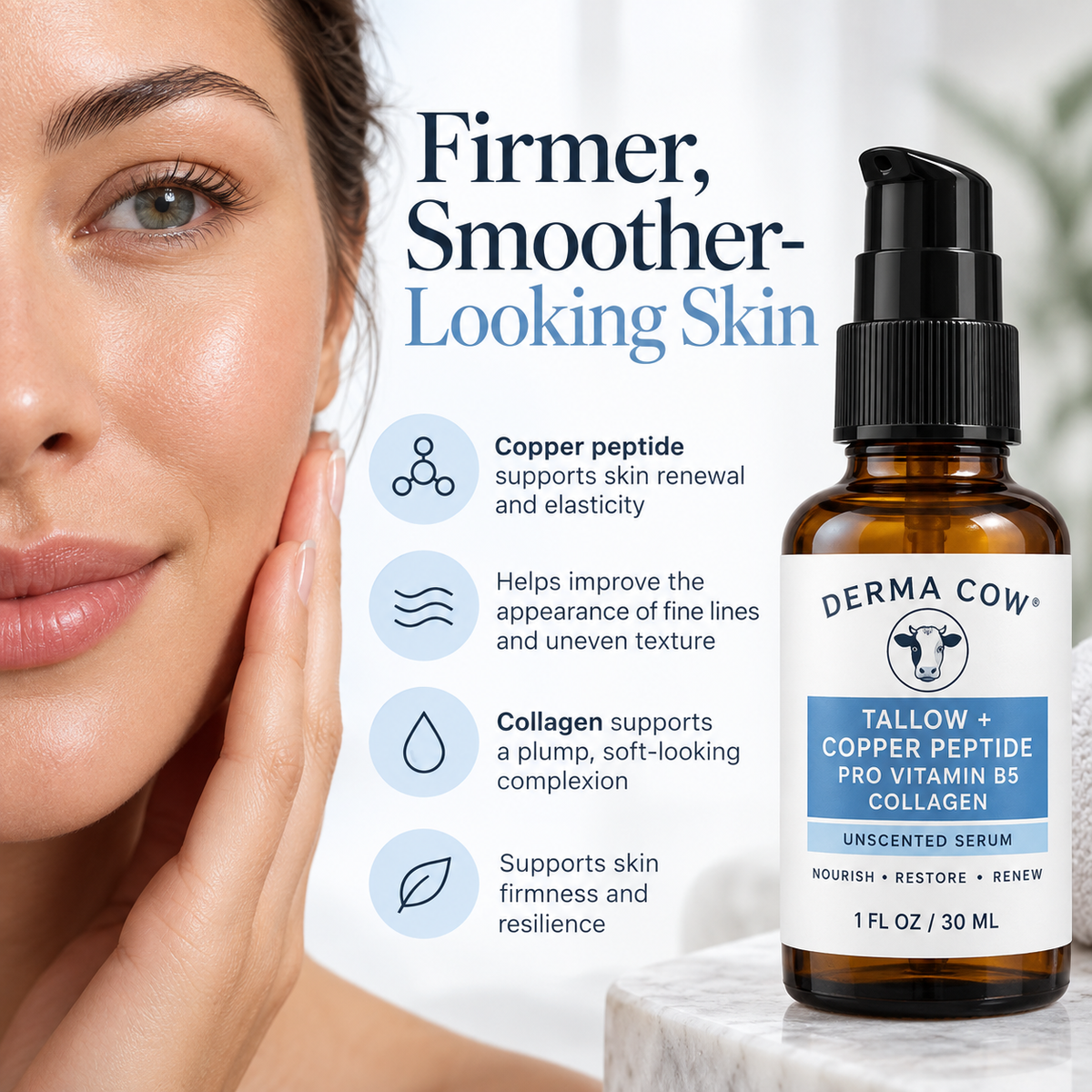 Derma Cow copper peptide tallow serum firmer smoother-looking skin infographic