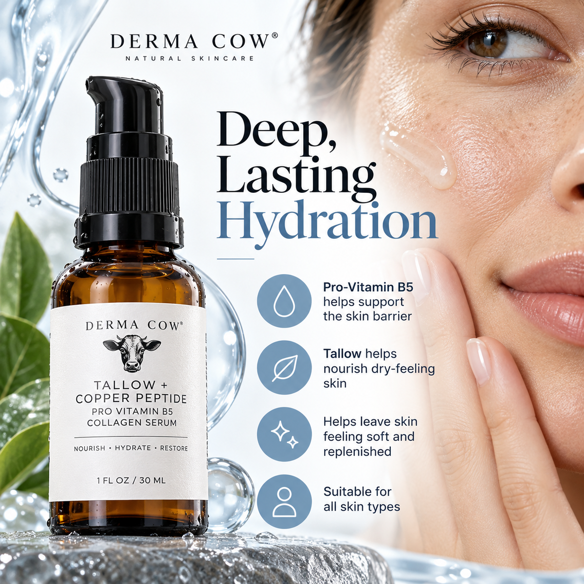 Derma Cow tallow serum deep hydration and skin barrier support infographic