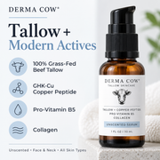 Derma Cow tallow serum with grass-fed beef tallow GHK-Cu pro-vitamin B5 and collagen infographic
