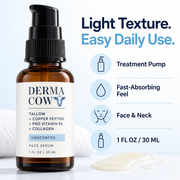 Derma Cow tallow serum light texture fast-absorbing treatment pump infographic