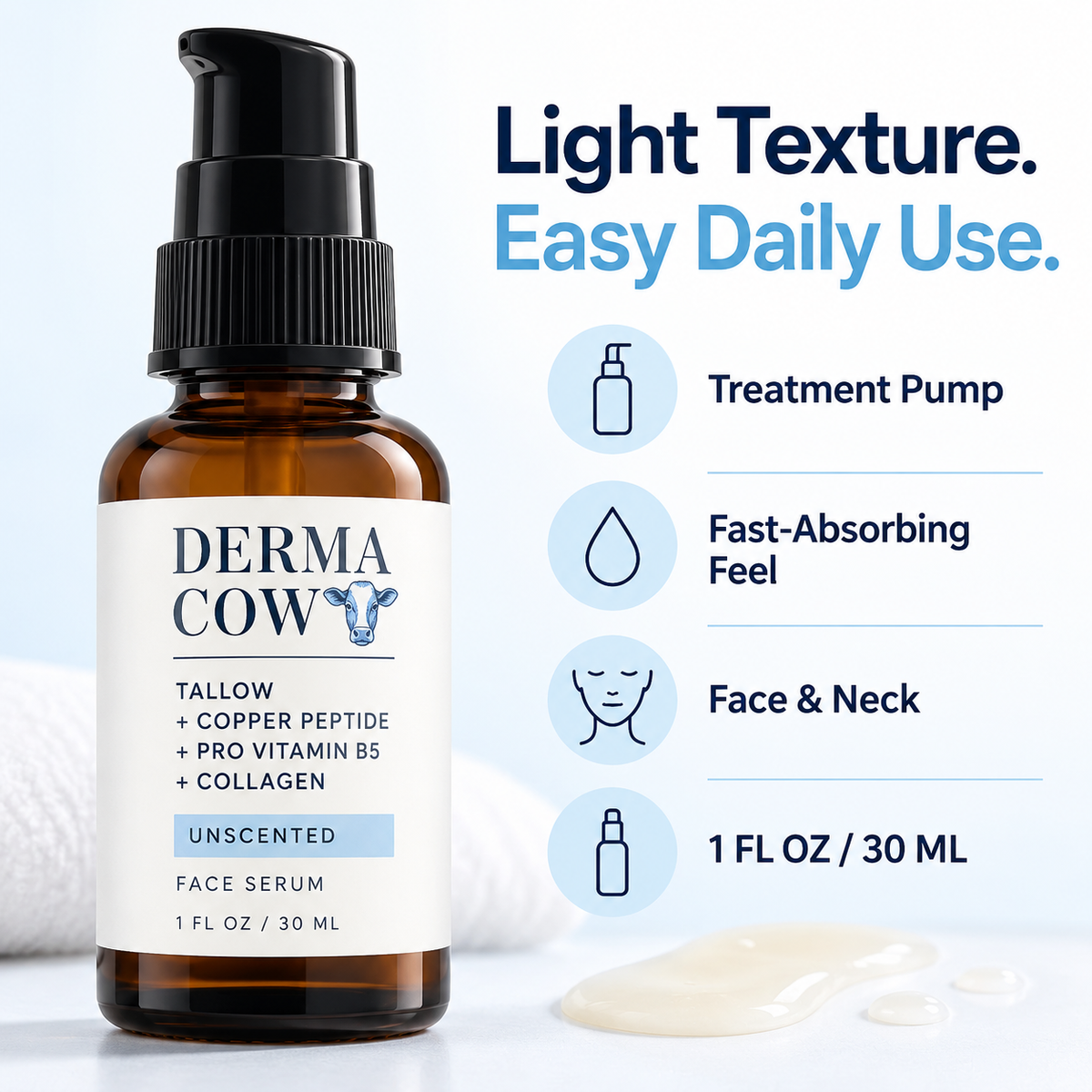 Derma Cow tallow serum light texture fast-absorbing treatment pump infographic