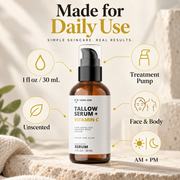 Derma Cow Tallow Serum + Vitamin C daily use and product details infographic