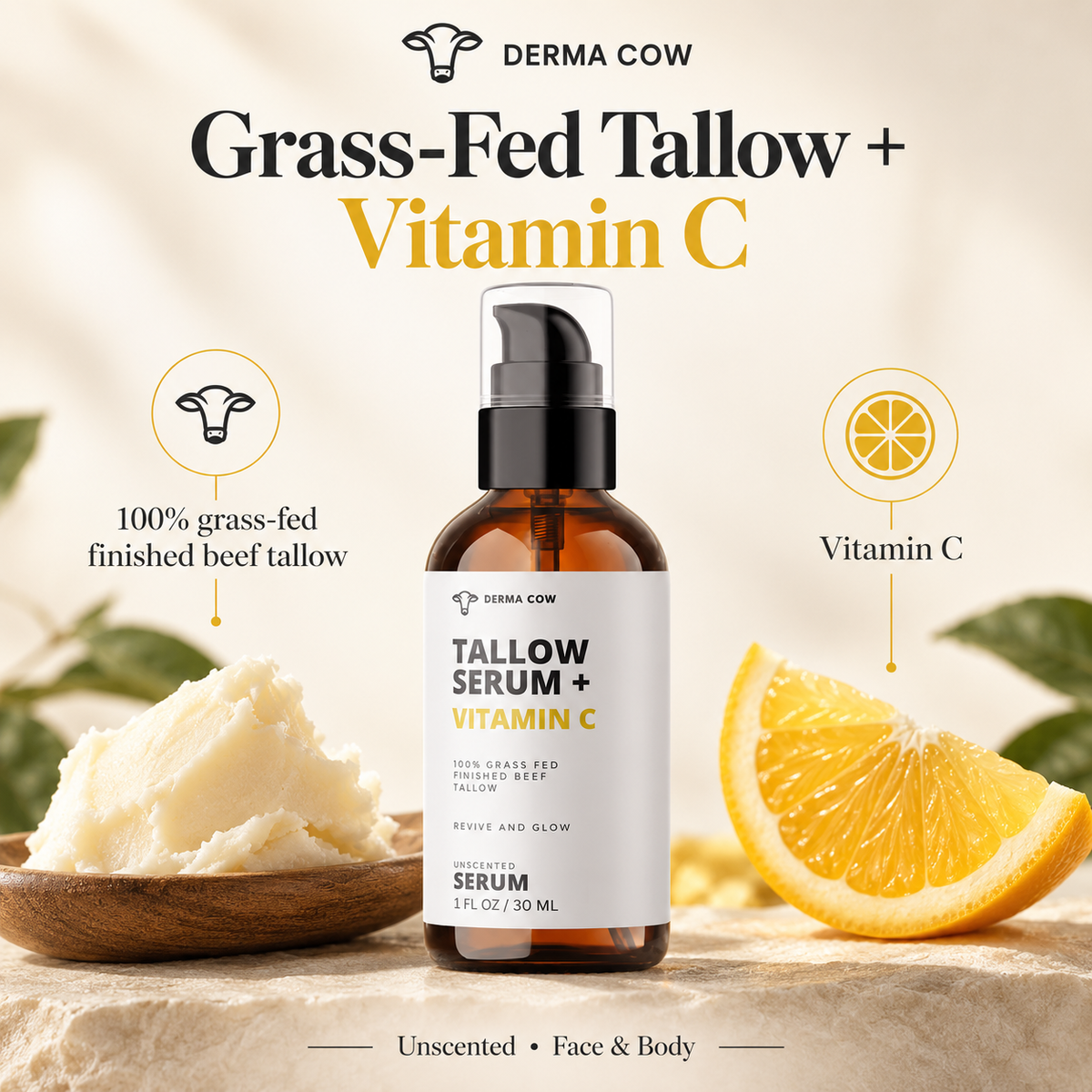 Derma Cow grass-fed tallow and Vitamin C ingredient spotlight infographic