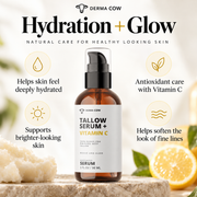 Derma Cow Tallow Serum + Vitamin C hydration and glow benefits infographic