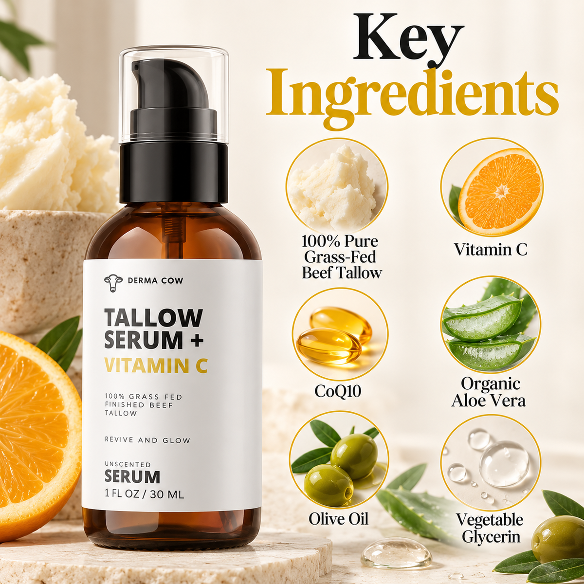 Derma Cow Tallow Serum + Vitamin C key ingredients infographic