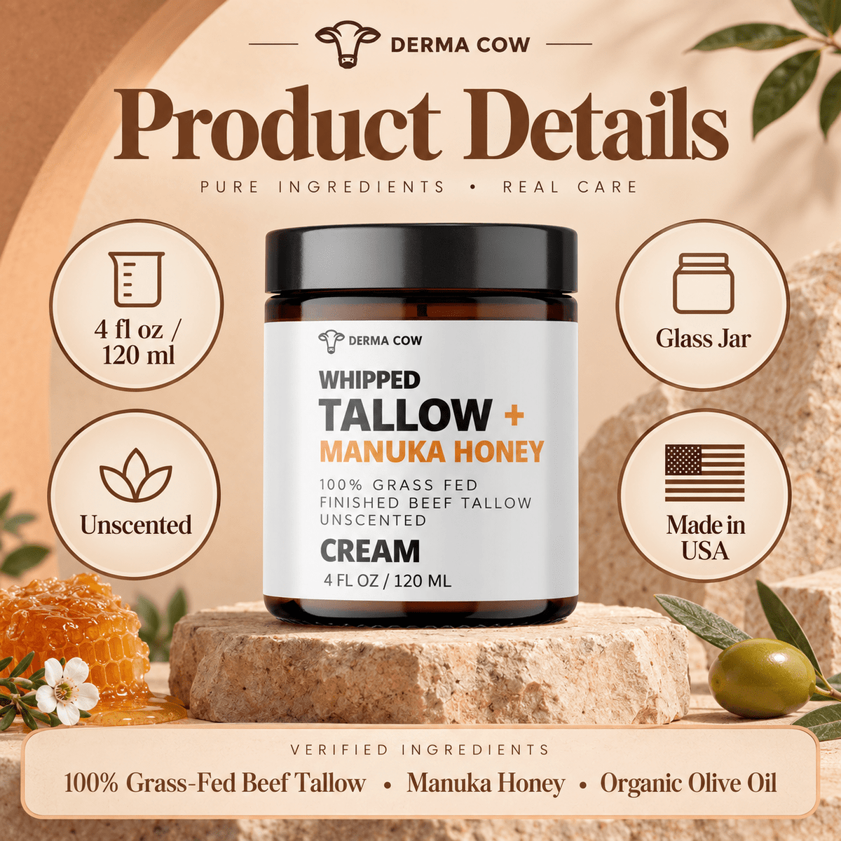 Derma Cow whipped tallow Manuka honey cream product details