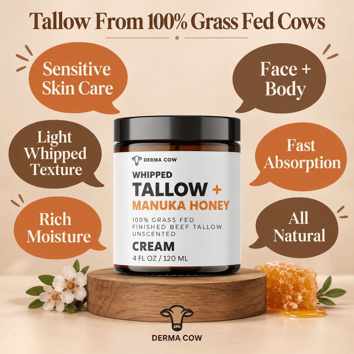Derma Cow whipped tallow Manuka honey cream features