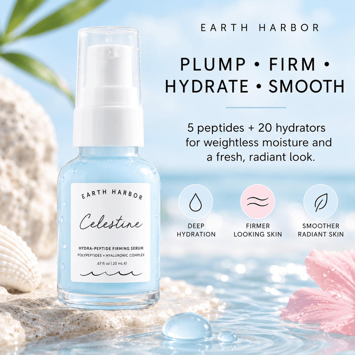 Earth Harbor Celestine plump firm hydrate smooth benefits infographic