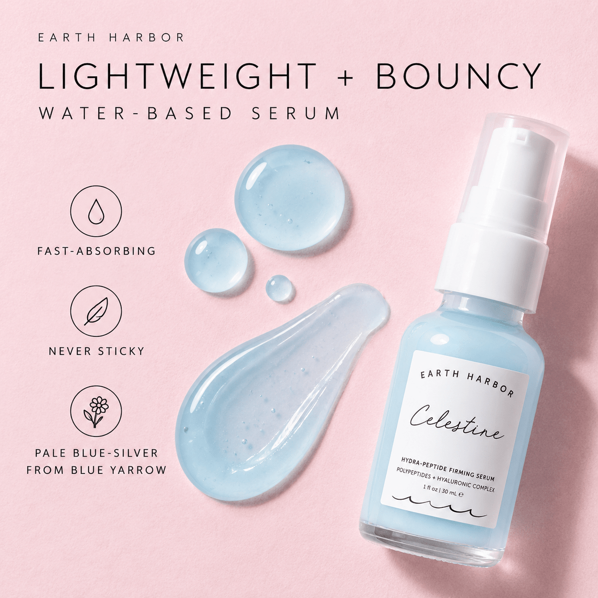 Earth Harbor Celestine lightweight bouncy water-based texture infographic