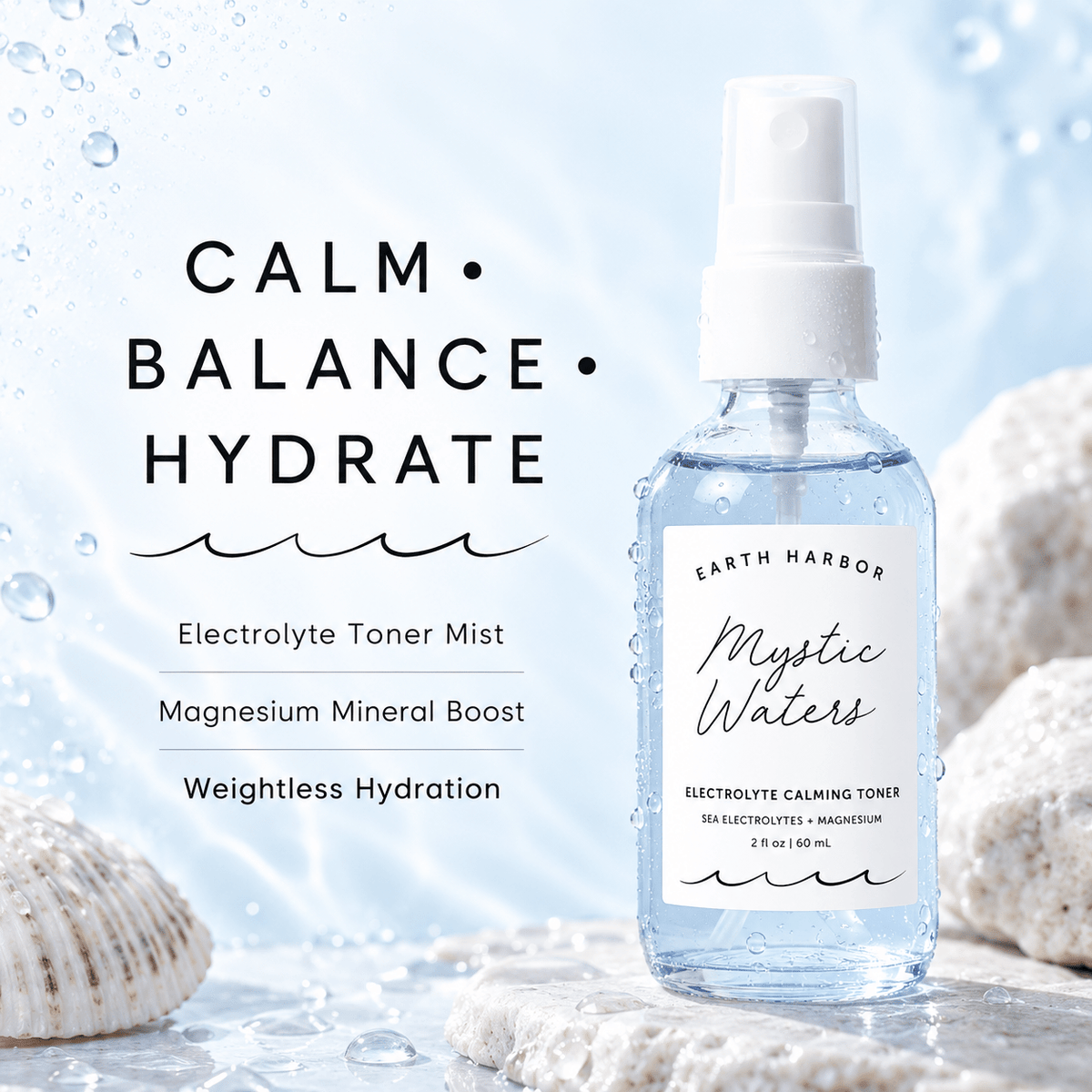 Earth Harbor Mystic Waters calm balance hydrate infographic