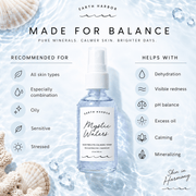 Earth Harbor Mystic Waters recommended skin types and concerns infographic