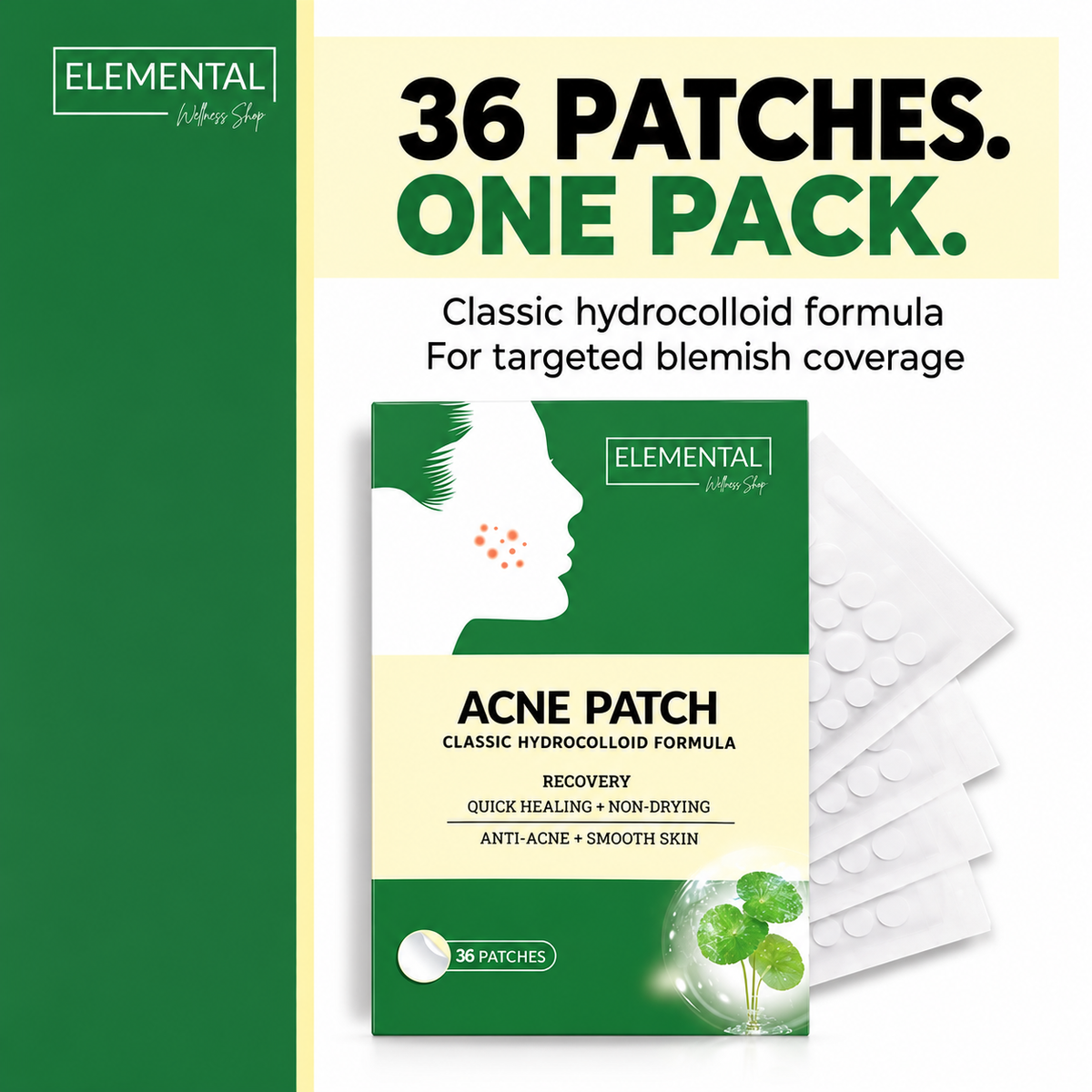 One retail pack contains 36 hydrocolloid acne patches