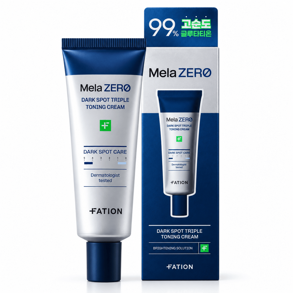 FATION Mela Zero Dark Spot Triple Toning Cream 45mL tube and retail box