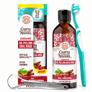 GuruNanda Cinnamon and Coconut Oil Pulling 8 fl oz kit with toothbrush and tongue scraper on white