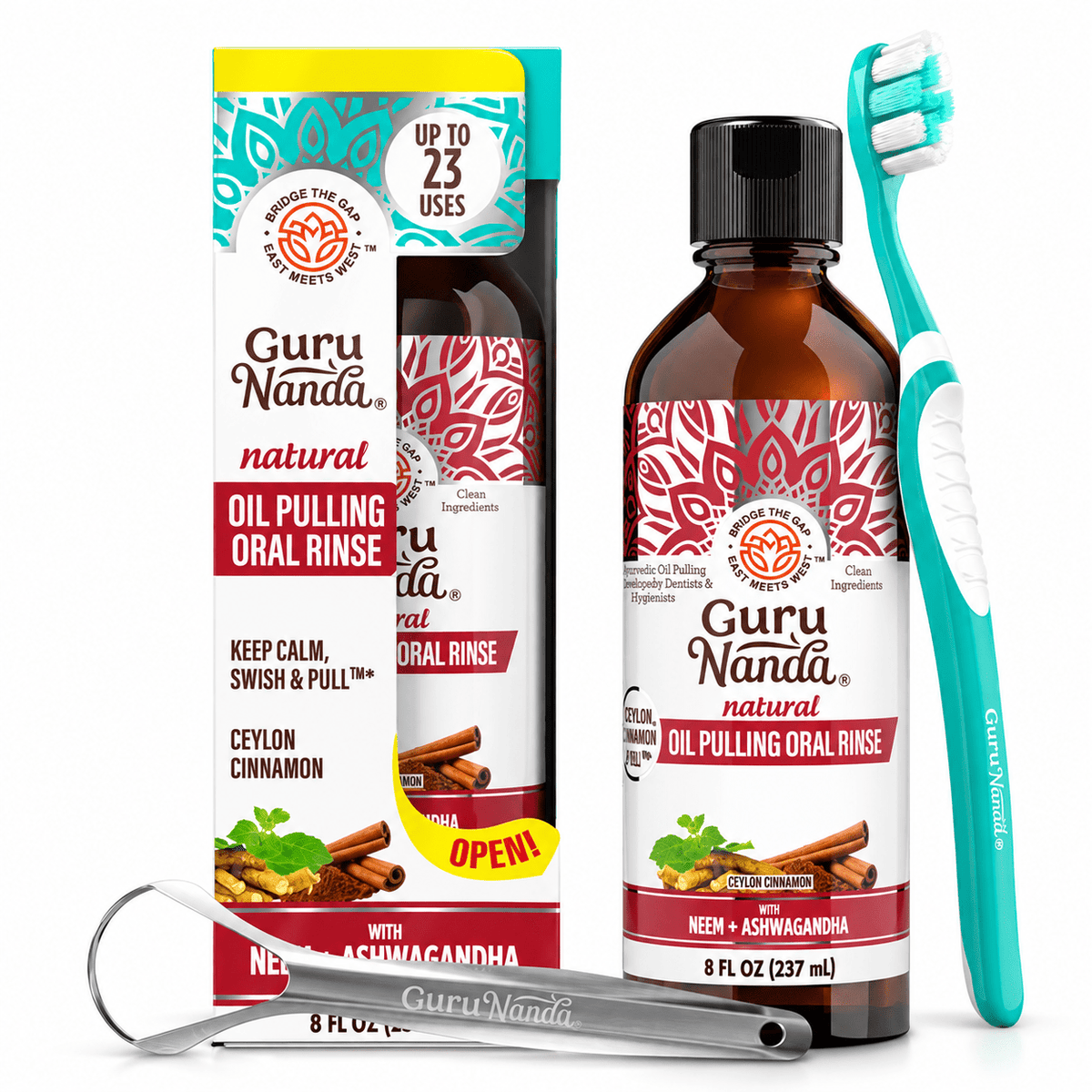 GuruNanda Cinnamon and Coconut Oil Pulling 8 fl oz kit with toothbrush and tongue scraper on white