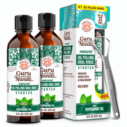 GuruNanda Coconut and Peppermint Oil Pulling 2 Pack with manufacturer packaging and tongue scraper on white