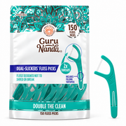 GuruNanda Dual Slickers 150-count floss picks pouch and teal floss pick on white
